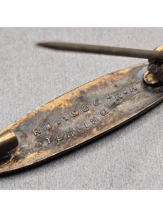 Antique Sterling Guilloche Lingerie Pin/Brooch 1 1/16" White Signed RD 1906 RH - Picture 7 of 10